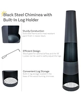 Sunnydaze Decor 59" H Steel Outdoor Chiminea Fire Pit with Built-In Log Holder - Metal Fireplace with Chimney - Includes Poker