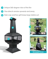 Sunnydaze Decor 57-Inch Black Steel Chiminea with Log Grate, Cover, and Poker - Protective Mesh Screen - 360-Degree Fire View