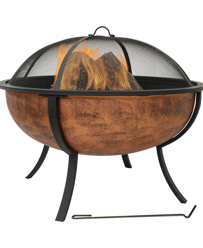 Sunnydaze Decor 32-Inch Steel Fire Pit Bowl - Includes Spark Screen, Wood Grate, and Poker - High-Temperature Copper Finish