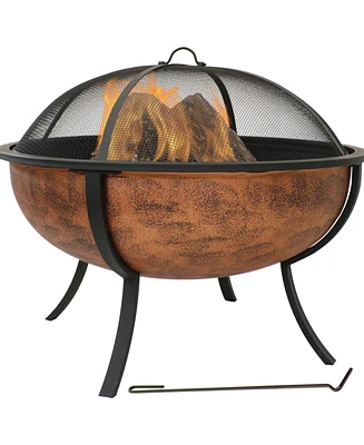 32-Inch Steel Fire Pit Bowl - Includes Spark Screen, Wood Grate, and Poker - High-Temperature Copper Finish