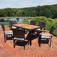 Carlow 7-Piece Rattan and Acacia Outdoor Dining Set - 1 Table 6 Chairs with Seat Cushions Stone Gray