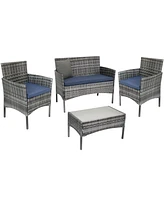 Sunnydaze Decor Dunmore 4-Piece Gray Patio Conversation Furniture Set - 1 Loveseat, 2 Chairs, and 1 Coffee Table - Navy Cushions