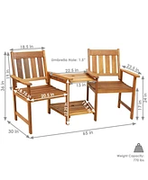 65-Inch Meranti Wood Outdoor Tete-a-Tete Chair Set with Attached Table and Teak Oil Finish