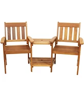 Sunnydaze Decor 65-Inch Meranti Wood Outdoor Tete-a-Tete Chair Set with Attached Table and Teak Oil Finish