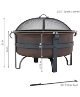 29-Inch Wood-Burning Outdoor Fire Pit - Bronze Cauldron Wood Fire Pit for Outside - Includes Poker and Spark Screen