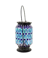 Cool Blue 8.5-Inch Mosaic Glass Solar Led Lantern - Blue, Green, and Purple Design - Tabletop/Pathway Light