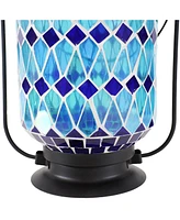 Cool Blue 8.5-Inch Mosaic Glass Solar Led Lantern - Blue, Green, and Purple Design - Tabletop/Pathway Light