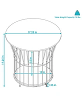 17.25-Inch H Modern Pedestal Wire Side Table with Faux Woodgrain Pull-Open Tabletop - Cream