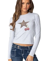 Edikted Womens Cherry Leopard Star Long Sleeve T Shirt