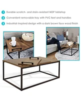 39-Inch W Industrial-Style Coffee Table with Removable Serving Tray with Pvc Feet - Aluminum Tray Handles