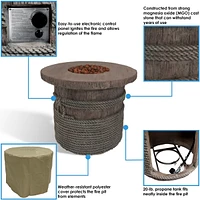 29-Inch Rope and Barrel Design Propane Gas Fire Pit Table with Lava Rocks - Includes Weather-Resistant Cover
