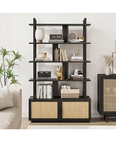 gaomon 5 Tier Rattan Bookshelf with Storage Cabinet & Door