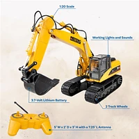 Dig and Drive Remote Control Excavator Toy - 1:20 Scale Light-Up Rc Construction Vehicle with Controller - Ages 8 and Up