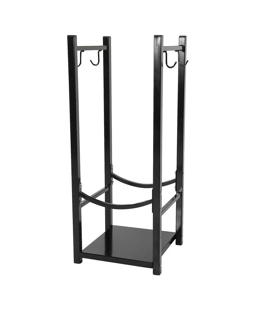 32 Inch Firewood Rack Outdoor with Hooks - Powder-Coated Steel- Indoor Fireplace Log Holder Black