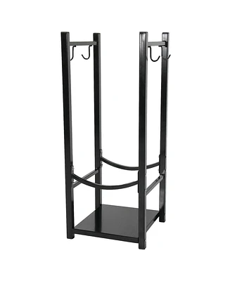 32 Inch Firewood Rack Outdoor with Hooks - Powder-Coated Steel- Indoor Fireplace Log Holder Black