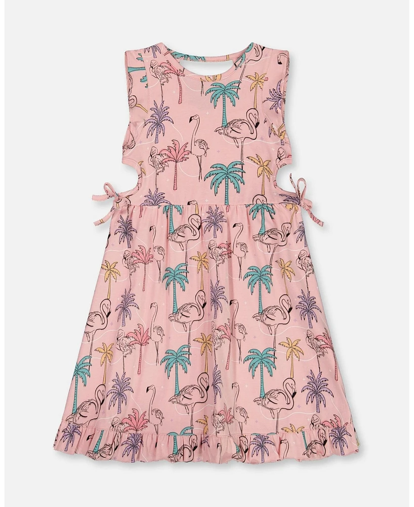 Deux par Big Girls Printed Organic Cotton Dress With Cut Outs Palm Trees, Pink Flamingo, And Turquoise