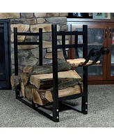 Outdoor Firewood Log Rack with Kindling Holder - Powder-Coated Steel 33 Inch Wide x 30 Tall Black