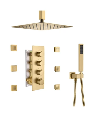 Brushed Gold Celling Mount Thermostatic Rain Shower System with Handheld and Wall Body Jets 3 Functions Faucet