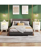Tribesigns Set of 2 Nightstand with Led Glass Tabletop, Modern Ivory White Nightstand with 2 Drawers, No Assembly Required, Oval Bedside Table for Bed