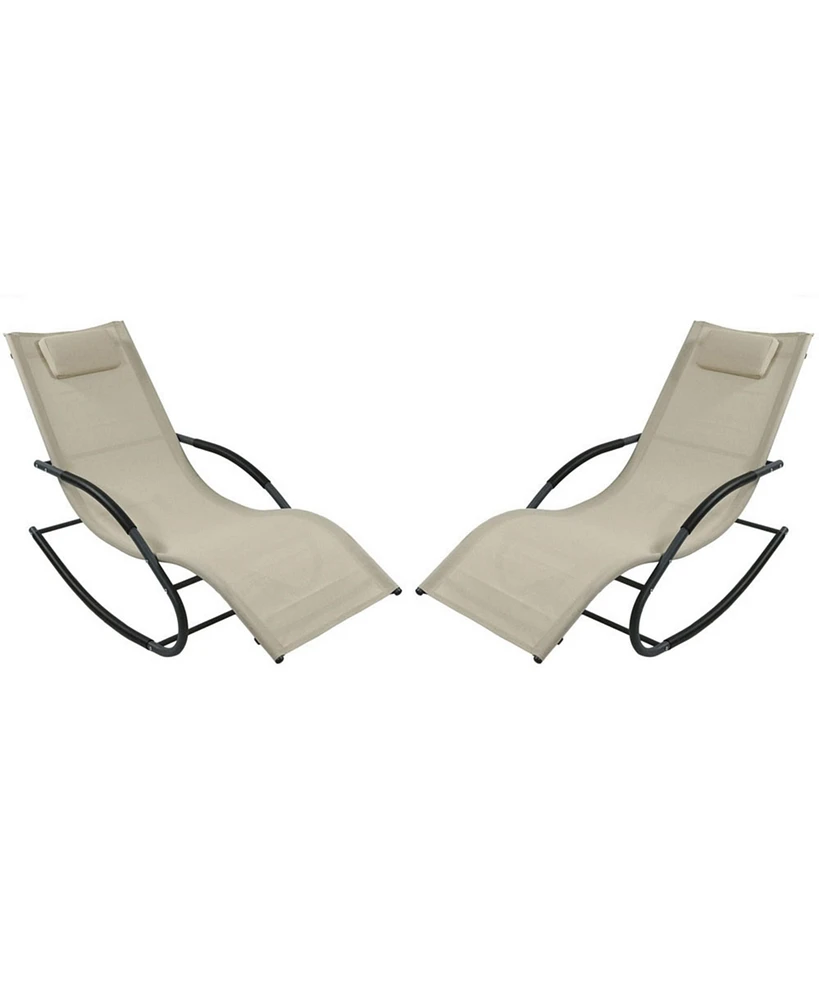 Sunnydaze Decor Outdoor Rocking Wave Lounger with Pillow, Patio and Lawn Lounge Chair Rocker, Beige, Set of 2