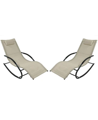 Sunnydaze Decor Outdoor Rocking Wave Lounger with Pillow, Patio and Lawn Lounge Chair Rocker, Beige, Set of 2