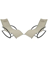 Sunnydaze Decor Outdoor Rocking Wave Lounger with Pillow, Patio and Lawn Lounge Chair Rocker, Beige, Set of 2