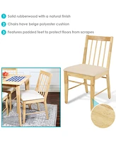 Solid Rubberwood Slat-Back Dining Chairs with Cushions - Natural with Beige Cushions - Set of 2