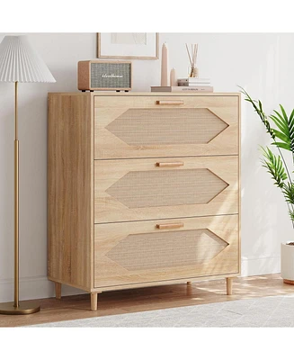 gaomon Dresser for Bedroom with 3 Drawers, Rattan Dresser with Spacious Storage, Modern Wooden Closet Dressers Chest of Drawers, Wood Nightstand for B