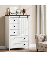 gaomon 5 Drawer Dresser, Farmhouse Wooden Chest of Drawers with Sliding Barn Door, Adjustable Shelf, Tall Antique Dresser, Storge Cabinet for Bedroom