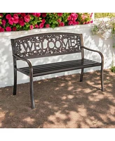 Slickblue Outdoor Weather Resistant Metal Garden Bench with Welcome Floral Back