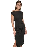 Dkny Women's Asymmetric-Neck Ruched Mesh Dress