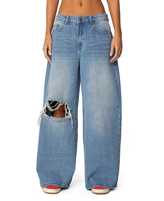 Edikted Womens Distressed Low Rise Baggy Jeans