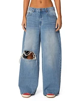 Edikted Women's Distressed Low Rise Baggy Jeans