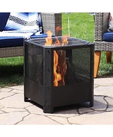 Sunnydaze Decor Grelha 16-Inch Steel Outdoor Fire Pit with Grill - Square Wood-Burning Fire Pit for Outside - Black Finish