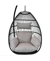 Sunnydaze Decor Delaney Black Resin Wicker Hanging Egg Chair with Powder-Coated Steel Stand - Gray Polyester Cushions - 81 Inches H