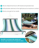 Woven Double Hammock for Outside with Crocheted Edges and Spreader Bars - 600-Pound Weight Capacity Outdoor Hammock for Trees - Lagoon Stripes