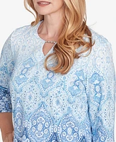 Alfred Dunner Petite Classics Split Beaded Neck Ombre Medallion Top