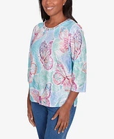 Alfred Dunner Petite Classics Butterfly Crewneck Three Quarter Sleeves Top