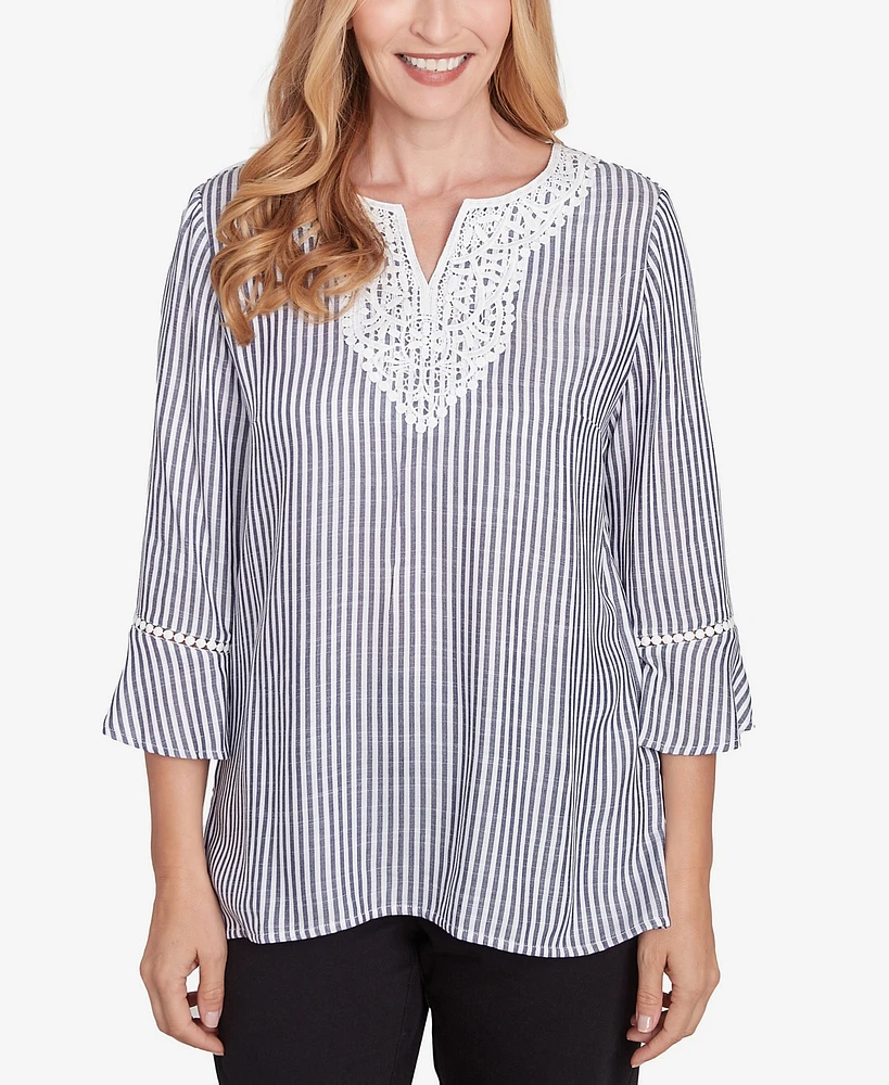 Alfred Dunner Petite Classics Embroidered Split Neck Striped Top