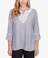 Alfred Dunner Petite Classics Embroidered Split Neck Striped Top