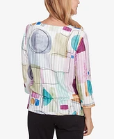 Alfred Dunner Petite Classics Geometric V-Neck Three Quarter Sleeve Top