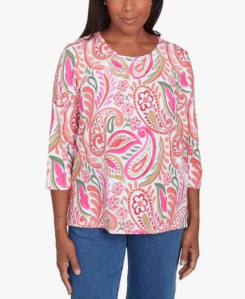 Alfred Dunner Petite Classics Embellished Crewneck Paisley Top