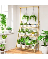 Skonyon 3-Tier Bamboo Hanging Plant Stand Planter Shelves Flower Pot Organizer Rack Folding Display Shelving