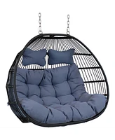 Sunnydaze Decor Liza Loveseat Egg Chair with Gray Polyester Cushions - Black Wicker Frame - 550-Pound Capacity - 43 Inches Tall