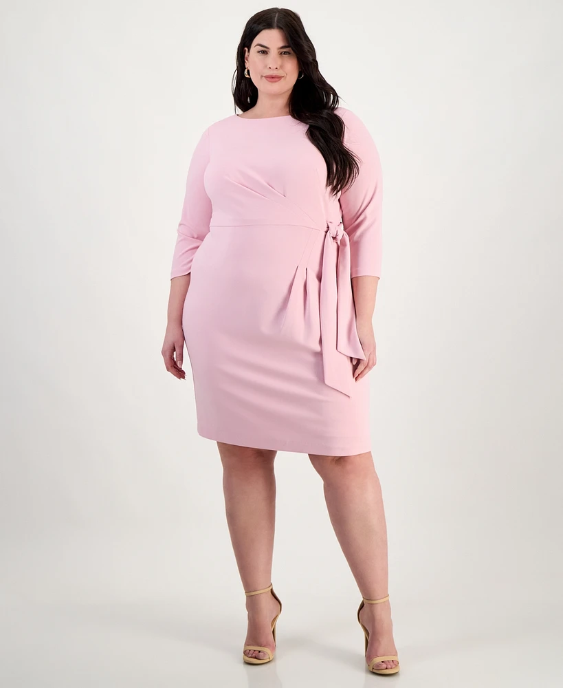 Tahari Plus Side-Tie Back-Belted 3/4-Sleeve Dress