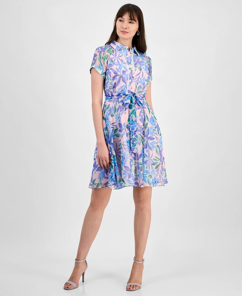 Tahari Women's Shadow-Striped Floral-Print Belted Dress