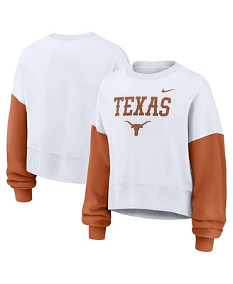 Nike Women's White Texas Longhorns Color-Block Oversized Cropped Pullover Sweatshirt