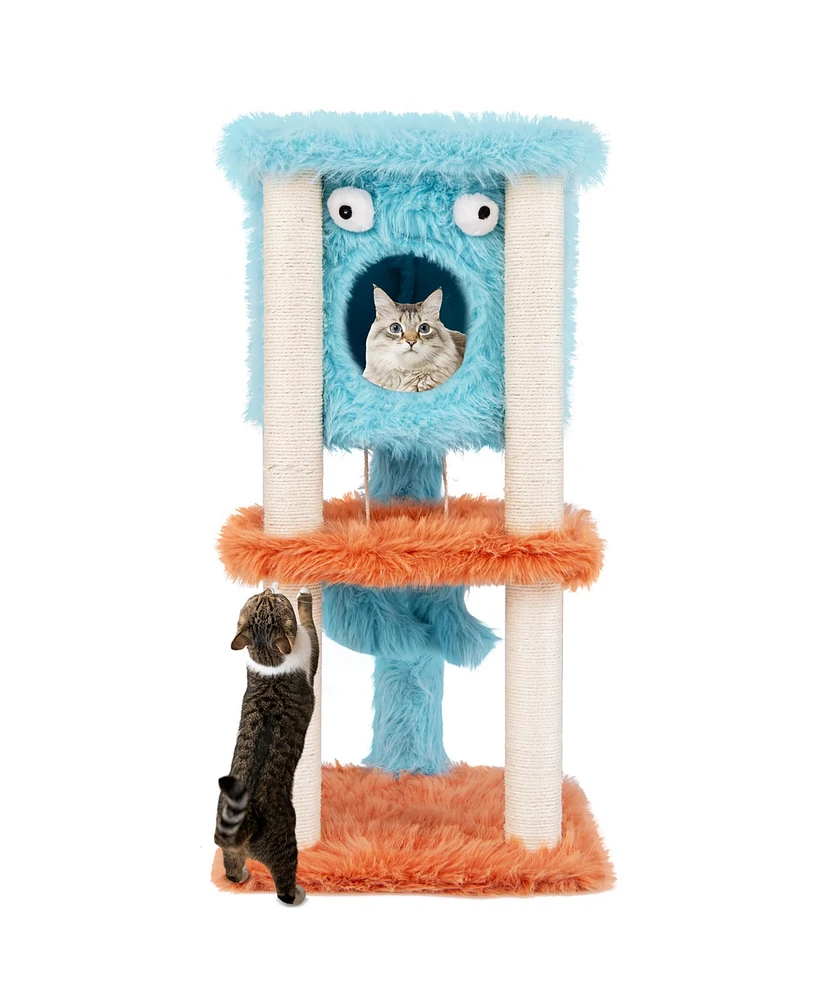 Gymax Monster-Themed Cat Tree w/ Private Condo Soft Long Plush Sisal Scratching Posts