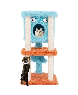 Gymax Monster-Themed Cat Tree w/ Private Condo Soft Long Plush Sisal Scratching Posts