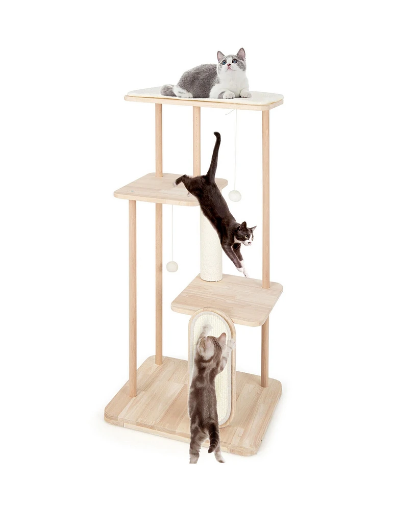 Gymax 50'' Tall Solid Wood Cat Tree w/ Oak Frame & Beech Post Scratching Board & Posts